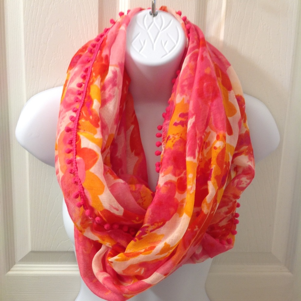 Infinity Pom Pom Trimmed Print Scarf Coverup